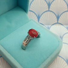 Natural Red Fire Opal Cabochon and White Topaz 925 Sterling Silver Ring with Box