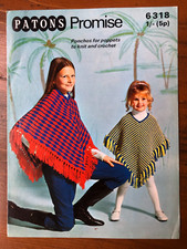 Patons 6318 knitting & crochet pattern child 2-colour fringed poncho in 2 styles