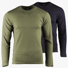 Mens Long Sleeve T-Shirt Black Olive Plain Mil-Tec Crew Cotton Military Army Top