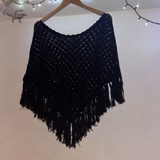 Black Openwork Crochet 100% Cotton Poncho One Size Edged With Tassels