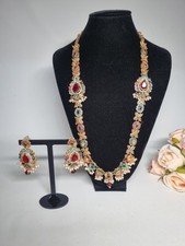 Indian Pakistani Gold Long Mala Set With multi coloured Stones