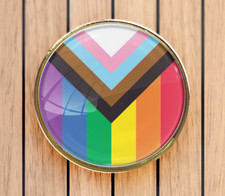 LGBT+ Progress Rainbow Pride Flag, Gel Domed, Round Pin Badge, (Silver / Gold)