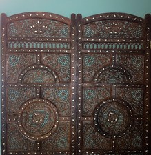 Antique Anglo-Indian Inlaid Fruitwood Carved Hoshiarpur Folding Screen