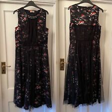 DEE?V Black Cotton Mix Bird,Black Pearl Beads & Net Sleeveless Midi Dress,UK14