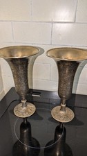 Pair Vintage Oriental Style Engraved Brass Trumpet Vases 21cm Tall