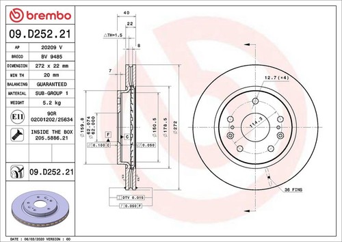Brake disc brembo - brake, 09.d252.21