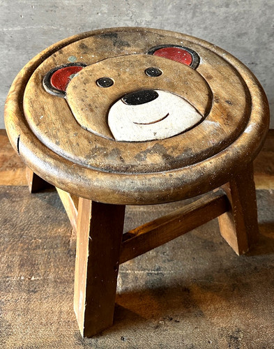 Vintage wooden bear stool - wooden, hand