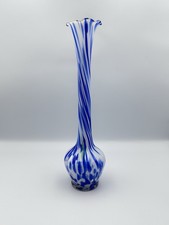 Vintage Slender Neck Blue And White Swirl Art Glass Vase. 31cm Tall