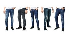 Mens Skinny Ripped Jeans Super Stretch Denim Distressed Blue Black Slim Fit