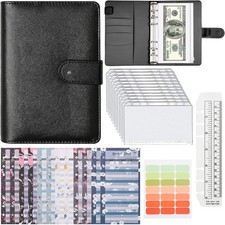 A6 Budget Planner Binder PU Leather 6 Ring Cash Envelopes Zipper Pockets Black