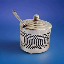 Vintage Chrome Metal and Cobalt Blue Glass Jam Pot With Spoon.