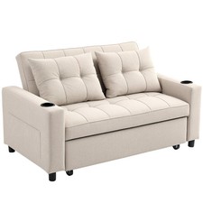 HOMCOM 2 Seater Pull Out Sofa Bed with Pockets for Living Room Beige