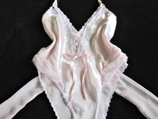 Vintage Slinky Pink Satin Teddy M White Lace Chiffon Sash Lady Cameo of Dallas