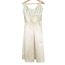 Womens Bridal Gown Cream Tea Length Satin Pleated Waist Elegant Minimalist Luxe
