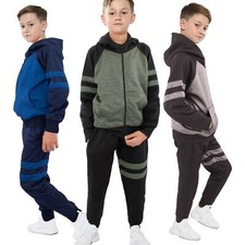 Kids Boys Tracksuit Contrast Panel Fleece Hooded Top Gym Jogging Bottoms