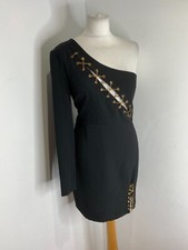 Club L black one shoulder dress L 12 VGC party gold chain lace up cut out fitted