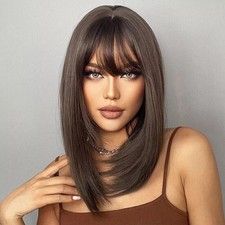 Womens Dark Brown Wig with Bangs Layered Hair Medium Long Straight Wigs UK