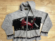 ECUADOR KNITWEAR Cardigan Jumper Womens M-L Grey Wool Chunky Knit Zip Graphic