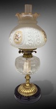 Antique Oil Lamp, Clear Glass Font, White Floral Shade, Black And Brass Base.