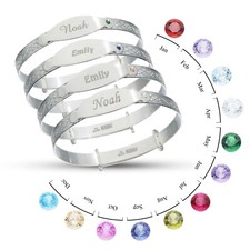 Children's Personalised Any Name Silver Bangle with Birthstone, Mix font, Gift