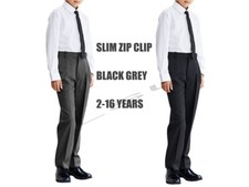 Kids Slim Fit Half Elasticated Zip Clip School Trousers (2-16 Years) Black/Grey