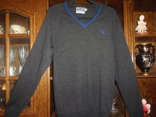 Fred Perry. NEW. 100% Wool V-Neck Grey Italian Jumper/Blue Emblem &Trim. Size M