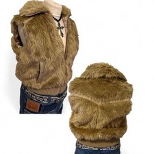 Y2k 2000s Old label Vintage Tan cropped gilet faux fur zip up/ pockets size L