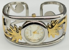 Women’s Bay Studio Quartz Wristwatch Gold Silver Tone Cuff Bracelet Palm Trees