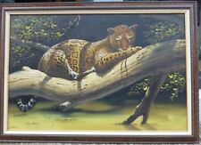 Leopard Resting spotted cat large modern wildlife oil on canvas taxidermy 1990's