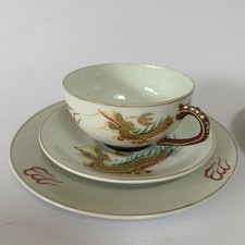 Antique Vintage Japanese Golden Dragon Moriage Geisha Lithophane Tea Cup Set.