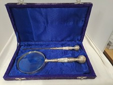 Mother-of-pearl handled magnifying glass & letter opener set,in blue velvet case