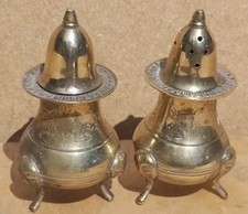 Vintage Old Antique Brass silver decorative salt & pepper pots pair  2