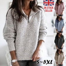Womens Knitted Long Sleeve Tops Pullover Ladies Zip V Neck Loose Jumper UK