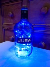 Jura Single Malt Whisky Upcycled Clear Bottle LED Light. Blue. Man Cave.