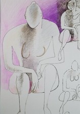 Original Ink & Coloured Pencil, 'Seated Figure', Artist Unknown, circa 1990's