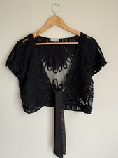 Wallis Sheer Black Evening Bolero - Size M, Tie-Front Style