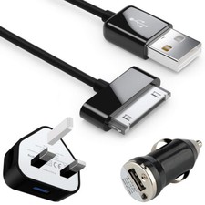 30 Pin to Cable with USB Mains Wall Charger Plug & in Car Charging Adapter Black