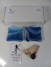Kooky Glass Art Handmade Blue Mini Glass Dish Set W/ Wooden Spoons - Boxed (FO)
