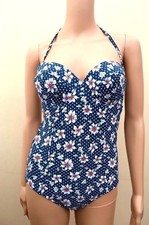 New M&S Navy Blue Floral Daisy Underwired Tummy Control Swimsuit Sz 34b 36b
