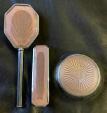 Vintage Art Deco Peach Sunburst Vanity Pot & Brush Set ~ Good Condition ~ Pretty