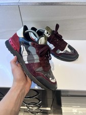 Valentino Garavani Rockrunner Camouflage-Print Leather Stud Suede Sneaker Red