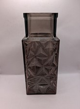 Vintage Tall Smokey Grey Glass Square Shaped Vase With Abstract Pattern