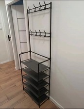 UK New Coat and Hat Stand 8 Hooks Metal Shoe Rack 4 Tiers Shelf Hanger Black