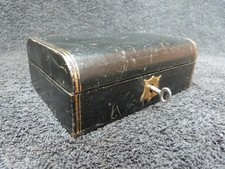 ANTIQUE EDWARDIAN LEATHERETTE JEWELLERY BOX SMALL WORKING LOCK WITH KEY BLACK