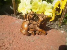 Hand Carved wood netsuke horse lays down, with monkey collectable boxwood figure
