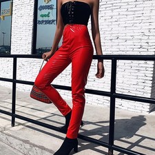Womens Long High Waist Leather Pants with Shiny Leather Straight Leg Fit