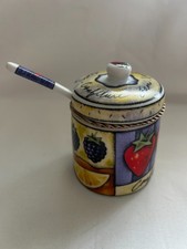 Joie de Vivre ceramic jam jar with a lid and spoon, by MSC International