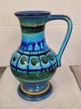 Vintage Flora Faenza Pottery Gouda Holland 1876 Jug Vase Blue Green Turquoise 8"