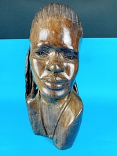 Large African Wooden Carved Head Bust Statue Figurine Lady Woman Collectable