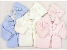 BABY GIRL BOY SPANISH KNITTED POM POM PRAM COAT MATINEE JACKET & HAT GIFT SET 
